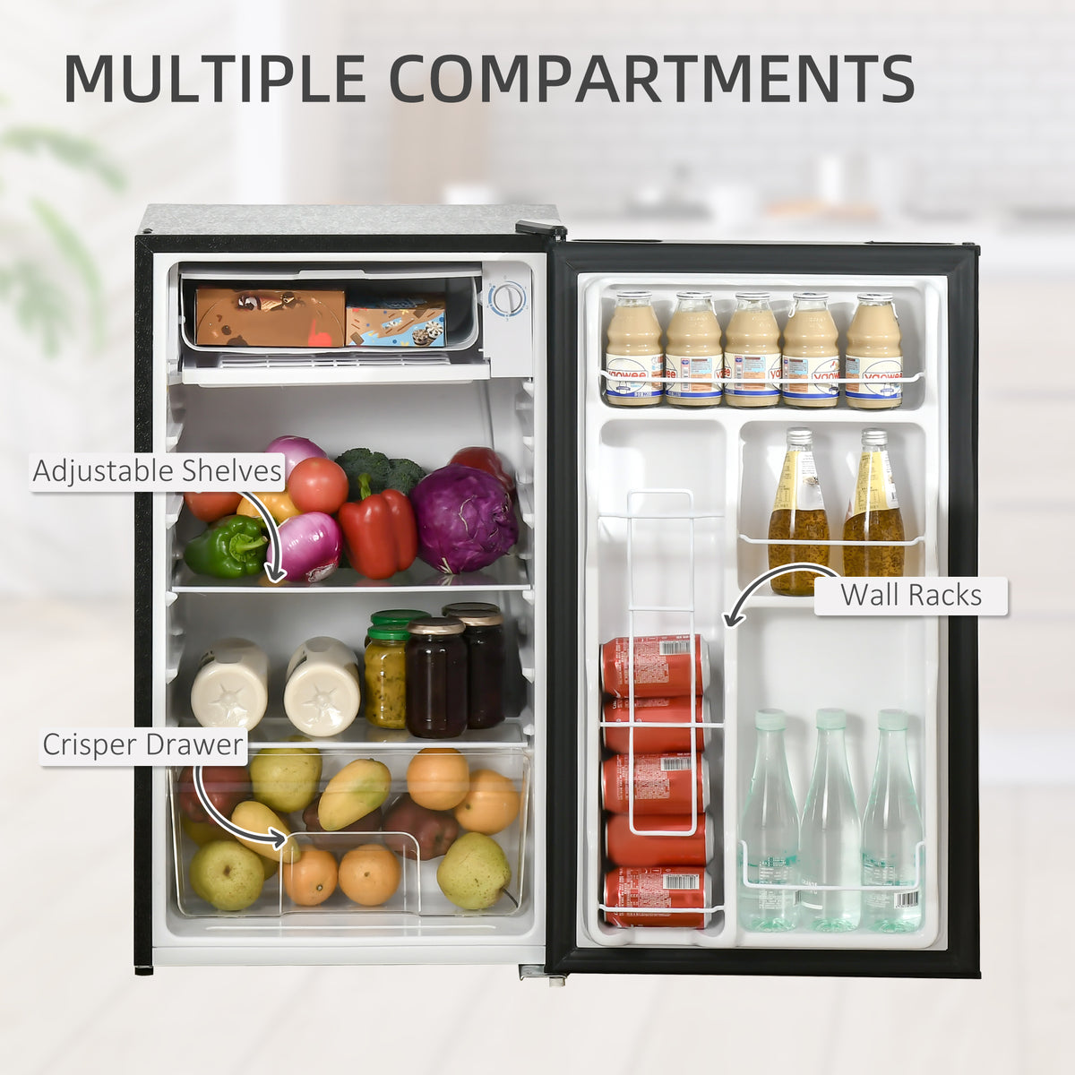 Compact Refrigerator, Mini Fridge with Freezer, Adjustable Shelf, Mechanical Thermostat and Reversible Door, White