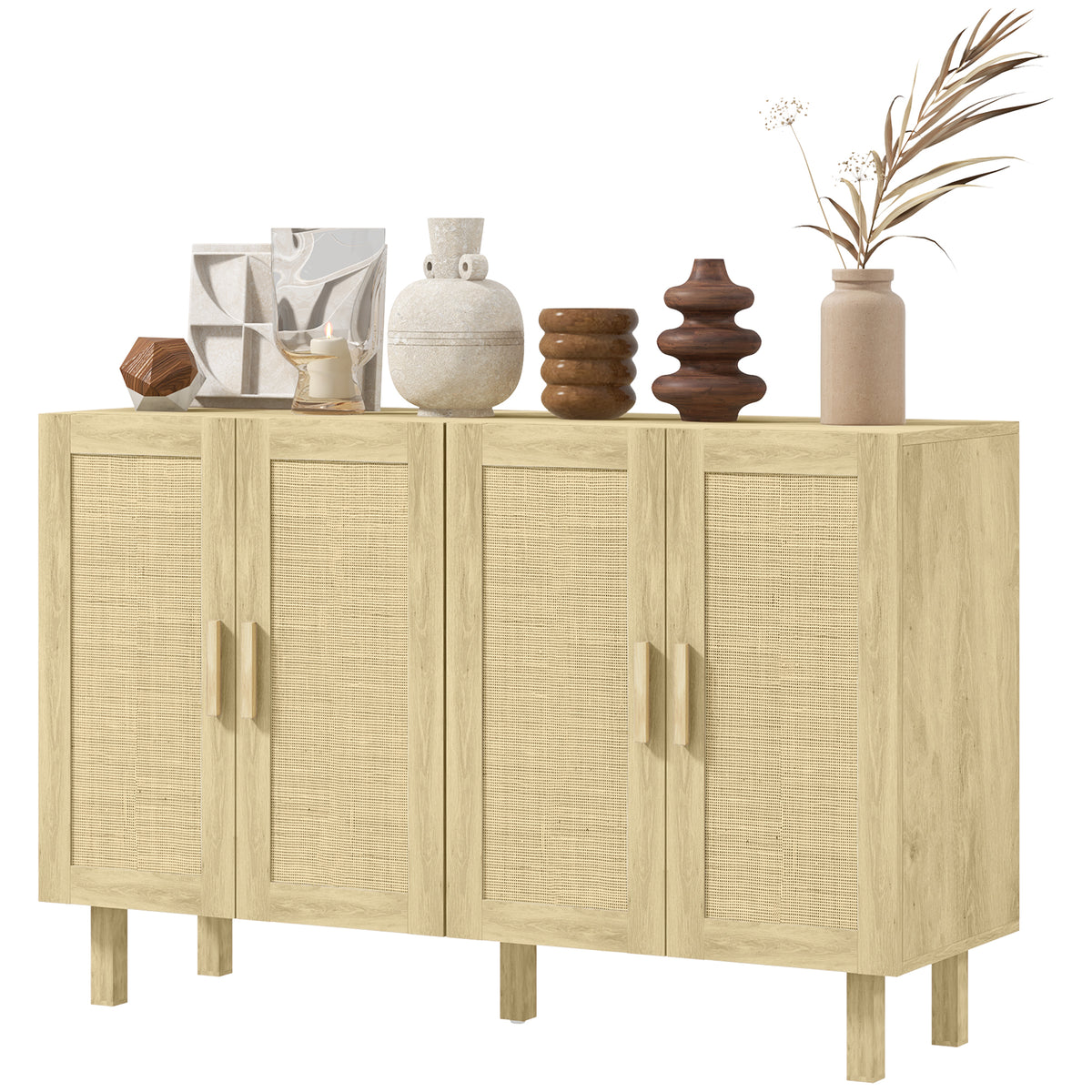 Boho Sideboard Buffet Cabinet, Storage Cabinet with 4 Rattan Doors and Adjustable Shelves, Natural