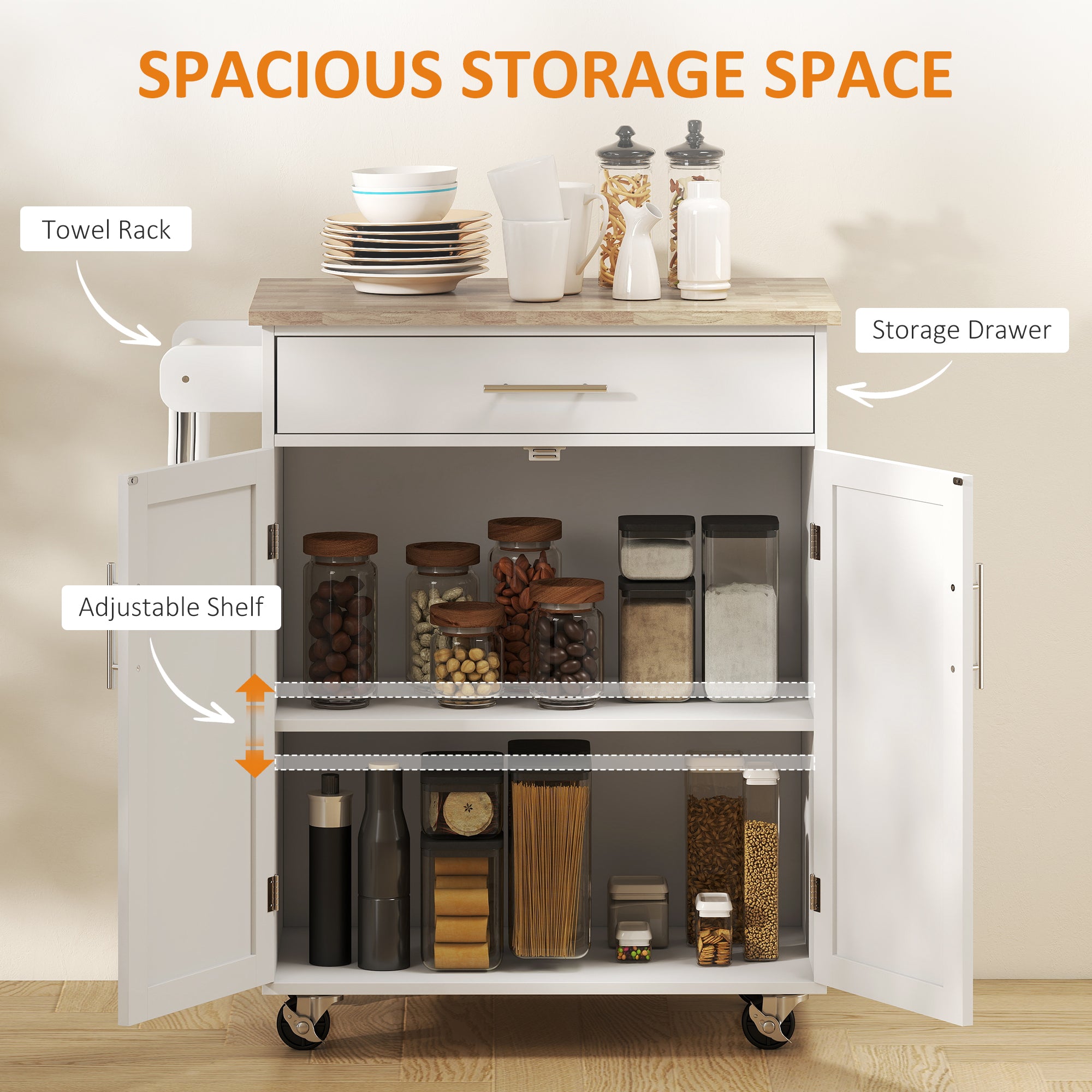 Kitchen Trolley Mobile Kitchen Island on Wheels Serving Cart Wooden Storage w/ Drawer and Towel Bar White