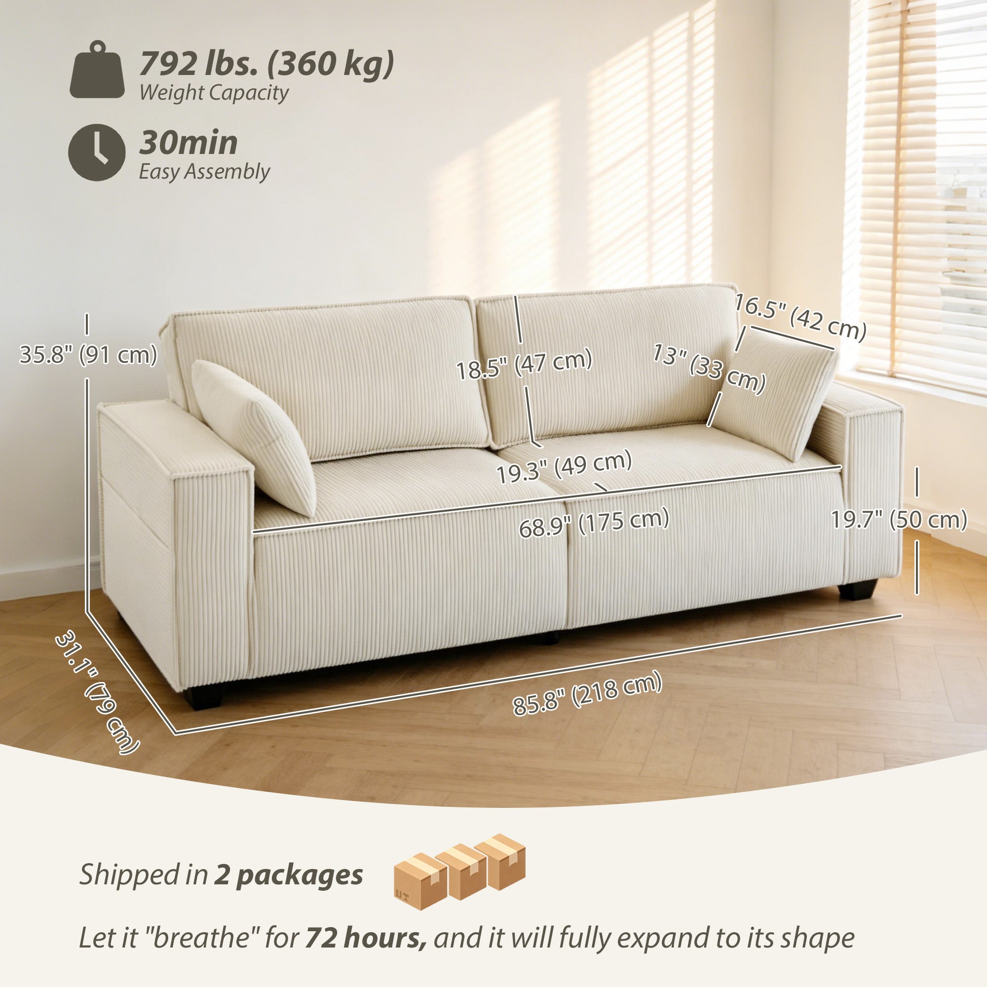 86" 3 Seater Sofa, Modern Corduroy Upholstered Couch, Beige