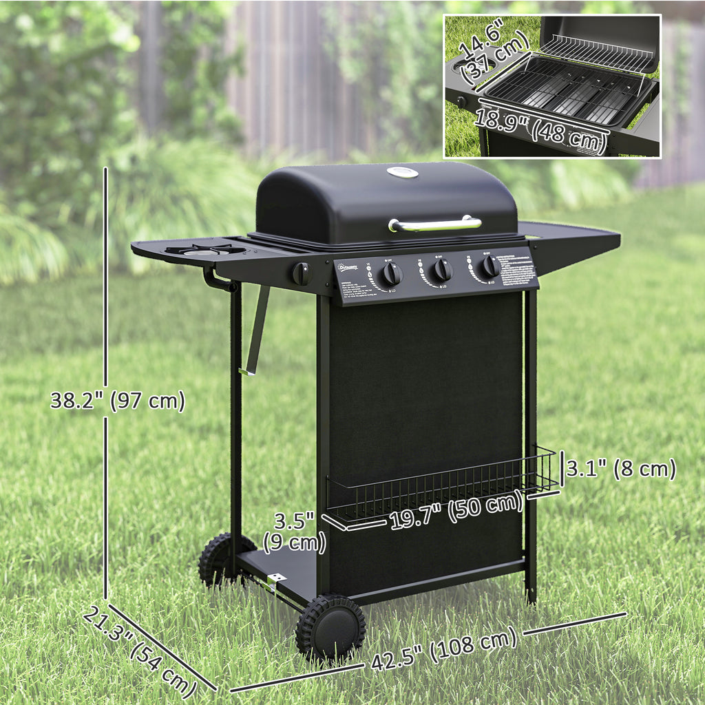 3+1 Burner Propane Gas BBQ Grill, Portable Gas Barbecue Grill with Side Burner, Thermometer, Lid, Side Table, Shelf, Spice Rack, Wheels, Grease Cup for Garden, Black