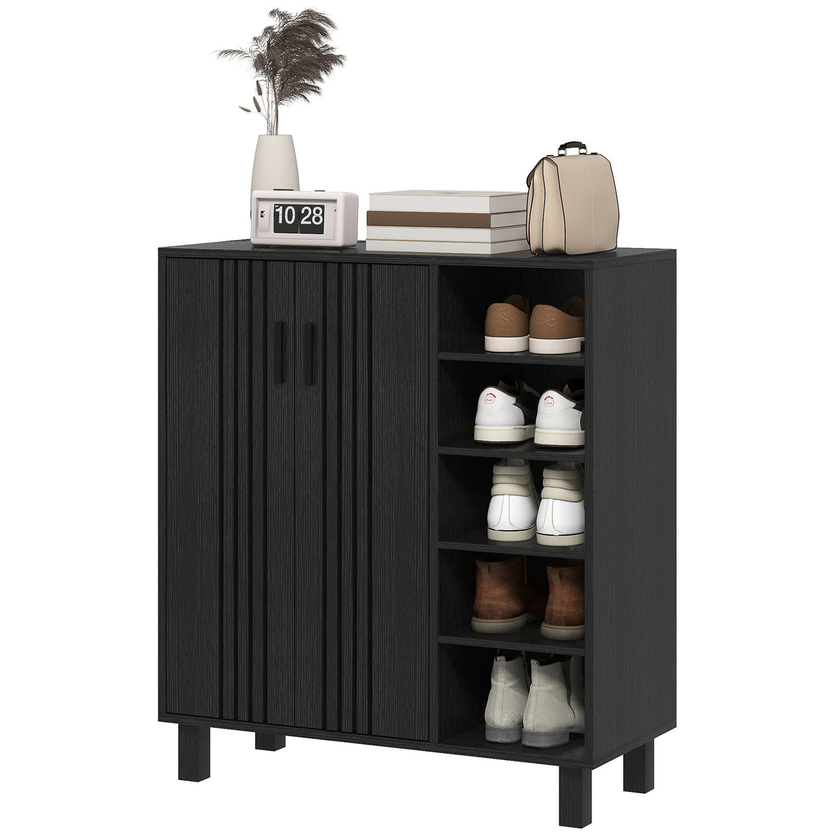Shoe Storage with Double Doors and Open Shelves 17 Pair Shoe Storage Organizer for Entryway Hallway Walnut