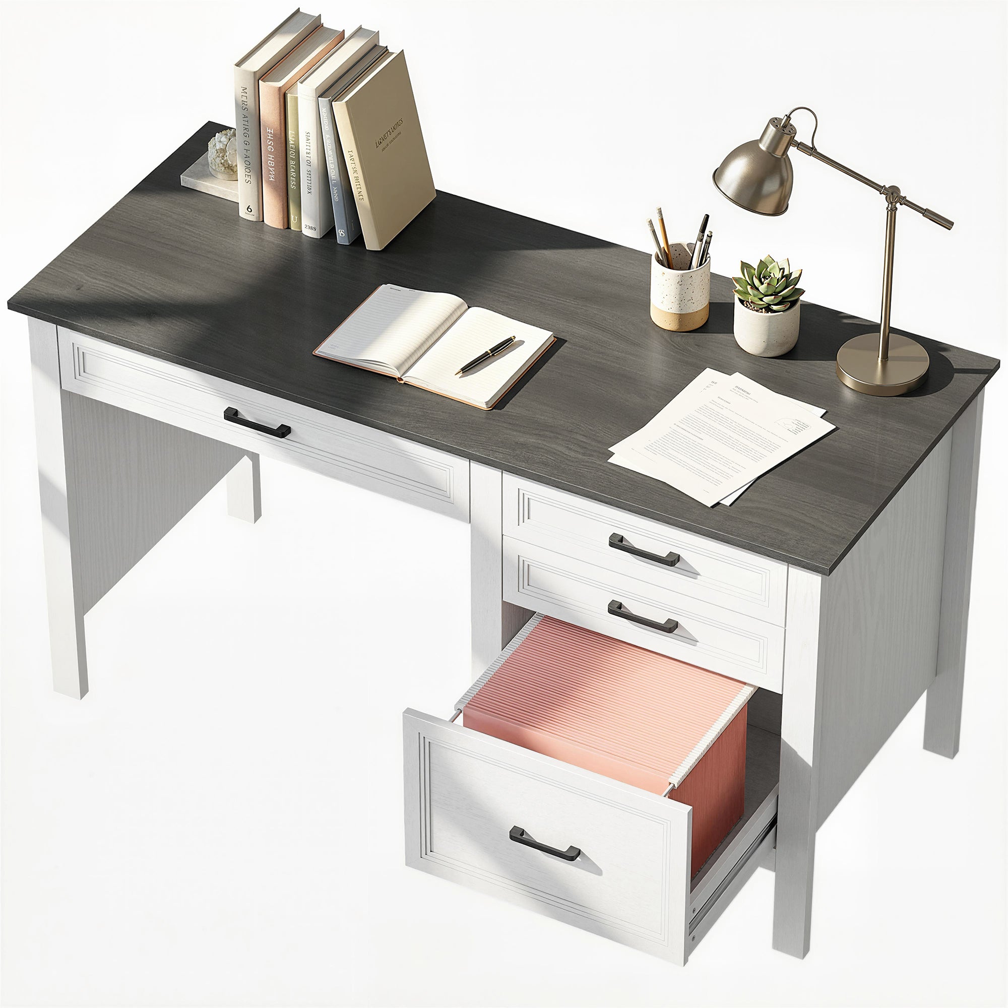 54" Farmhouse Executive Desk, Computer Desk with Drawers, Adjustable Hanging Rails for for A4/Letter Size Files, White