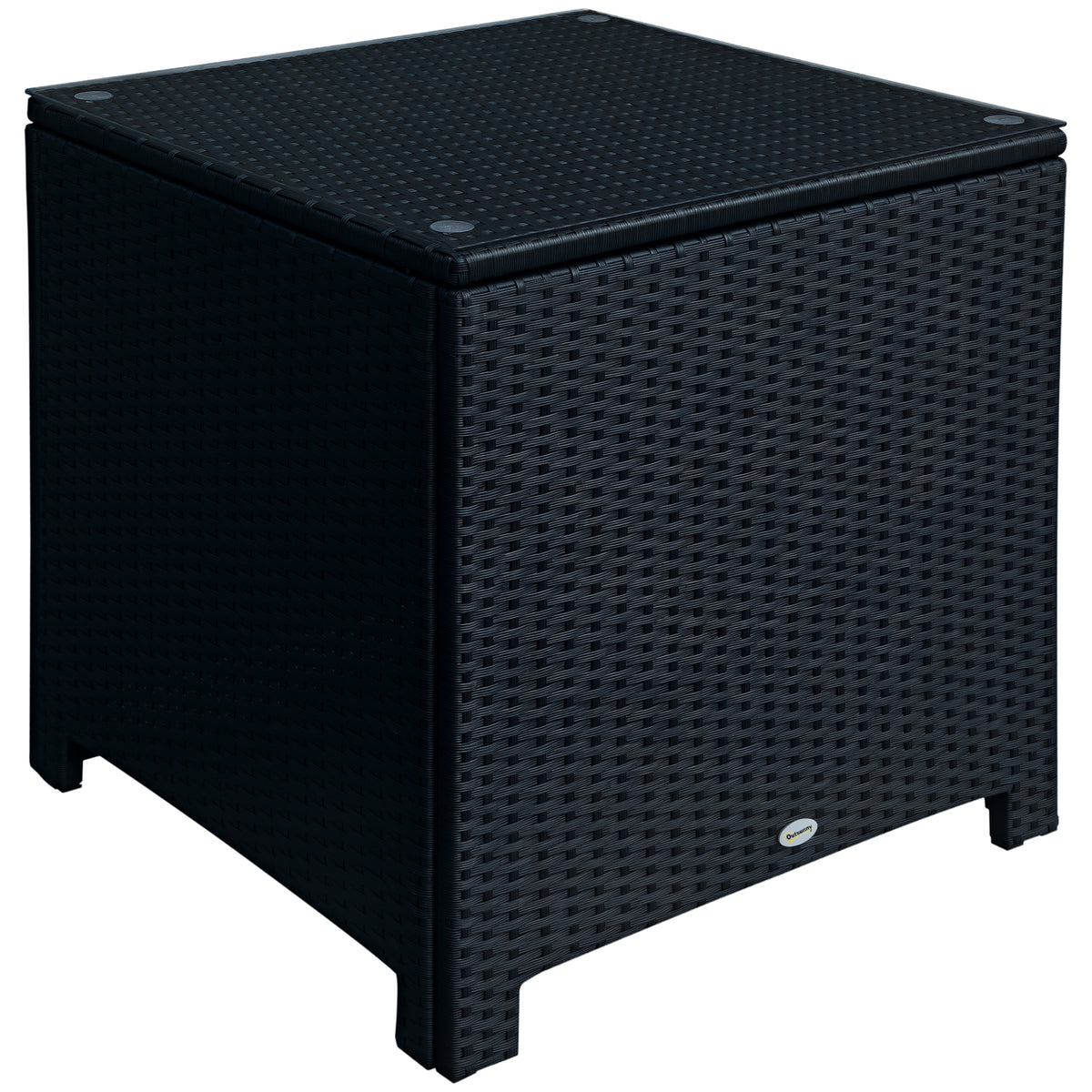 Rattan Side Table Wicker Coffee Table with Glass Top Outdoor Patio Furniture For Patio Poolside Garden Lawn, Black