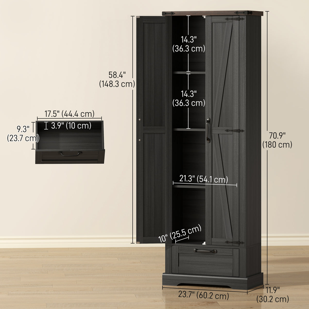 71" Pantry Cabinet, Kitchen Storage Cabinet with Adjustable Shelves, 2 Doors and Drawer for Dining Room, White