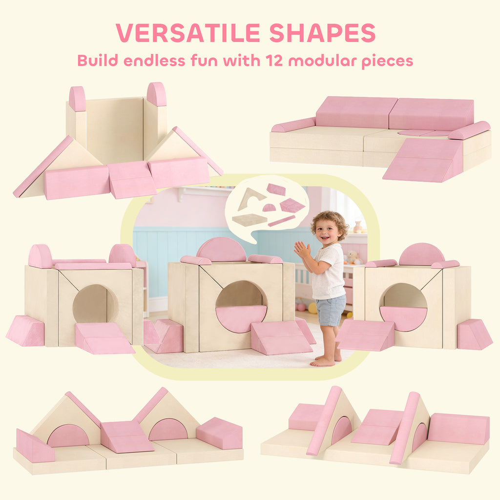 Qaba 12 PCS Modular Kids Play Couch, Child Sectional Sofa for Toddlers, Convertible Foam and Floor Cushion, Pink