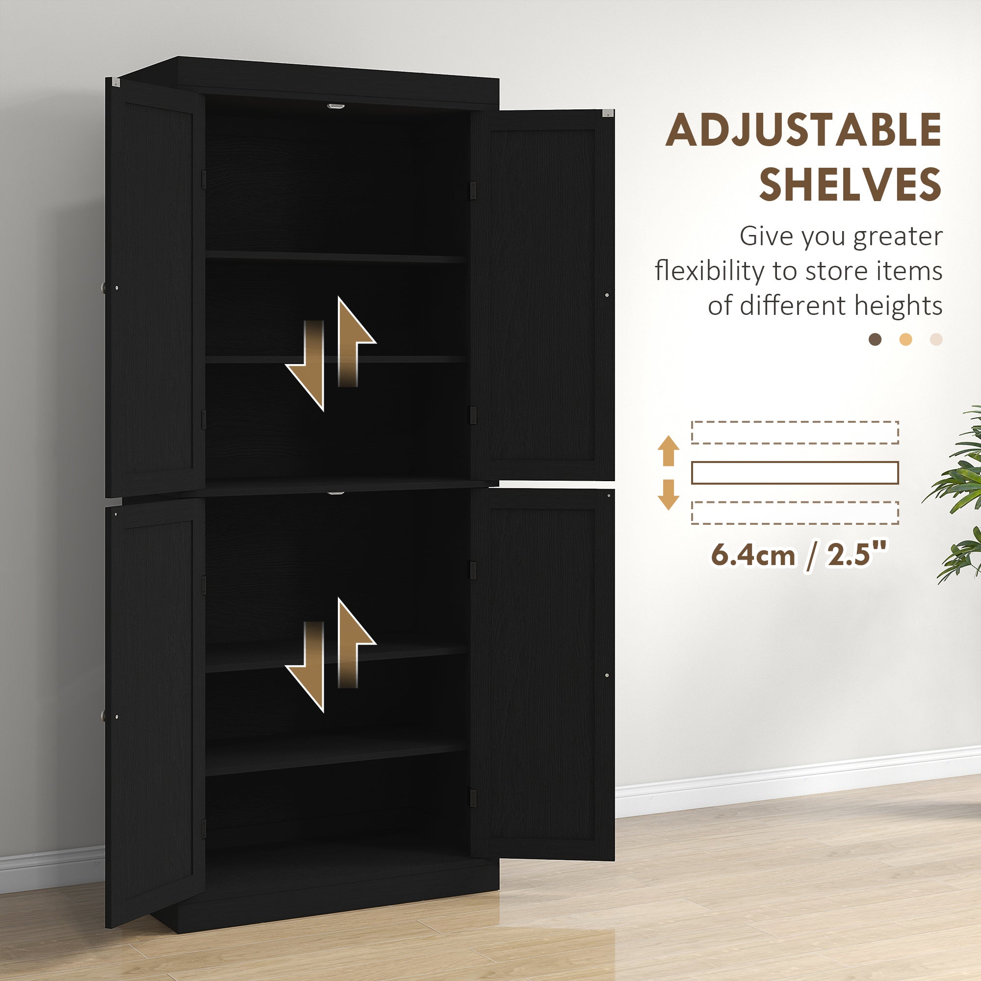 72.5" Freestanding Kitchen Pantry Cabinet with 4 Doors, Black