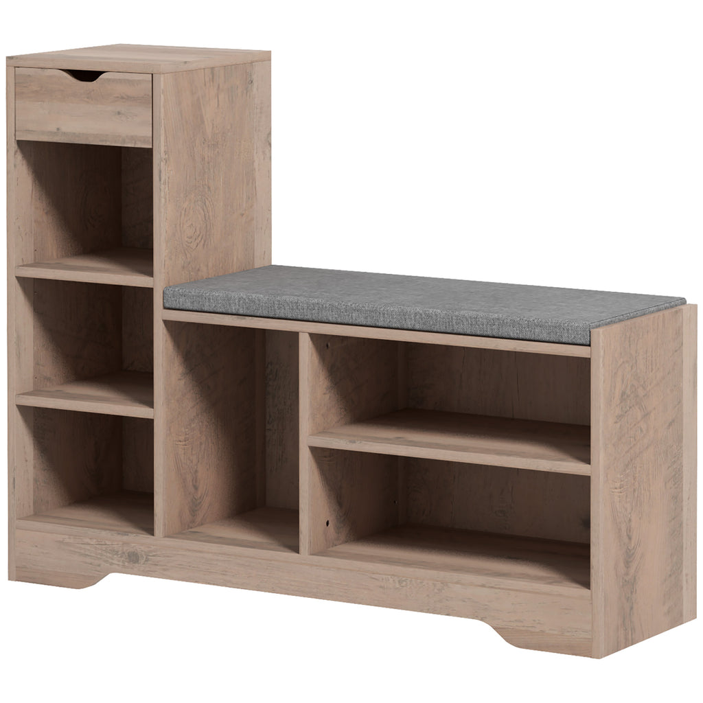 Upholstered Shoe Storage Bench w/ Seat, Entrance Bench w/ Drawer and 6 Open Shelves for Hallway, White
