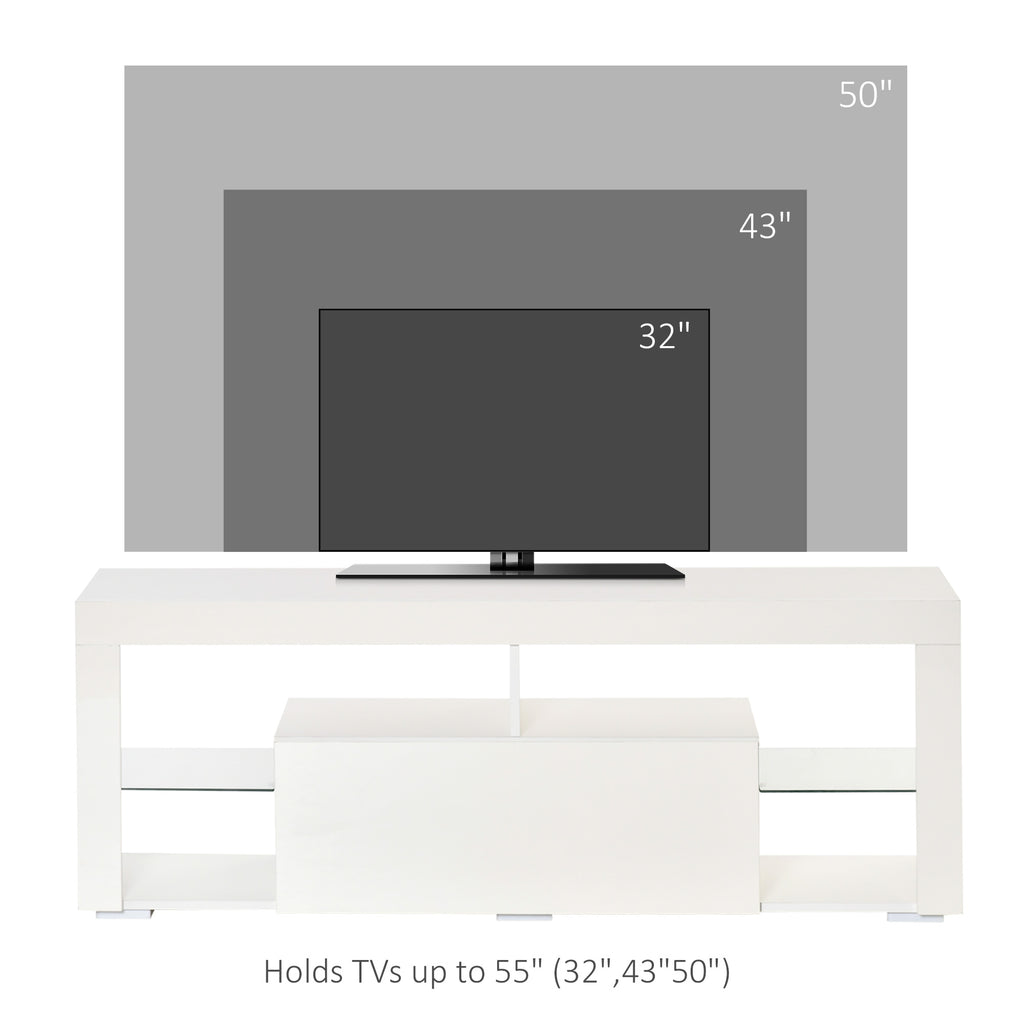 TV Stand for 55-Inch TVs, High Gloss TV Bench with LED Lights, Remote Control, Storage Drawer and Shelves, Entertainment Unit for Living Room, Bedroom, White