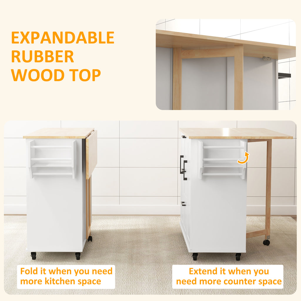 Rolling Kitchen Cart on Wheels with Drop Leaf, Kitchen Island with 3 Drawers, Solid Wood Top and Towel Rack, White