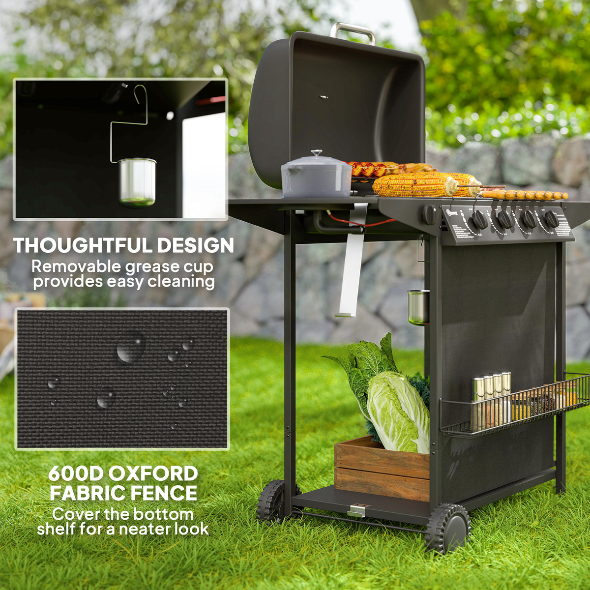 3+1 Burner Propane Gas BBQ Grill, Portable Gas Barbecue Grill with Side Burner, Thermometer, Lid, Side Table, Shelf, Spice Rack, Wheels, Grease Cup for Garden, Black