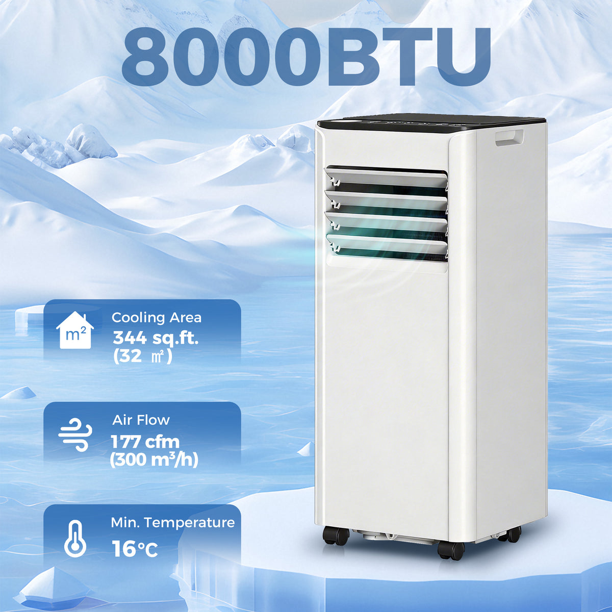 10,000 BTU ተንቀሳቓሲ ኣየር ማስተኻኻሊ፡ ኣብ ሓደ ክፍሊ ክሳብ 441 ካሬ ጫማ ዝስፋሑ ንዝህልዎ ክፍሊ ምስ ማይ ኣልማዝ ኣስተኻኻሊ፡ ፋን፡ ዋይፋይ ቪዮይስ ሪሞት ኮንትሮል ዘለዎ።