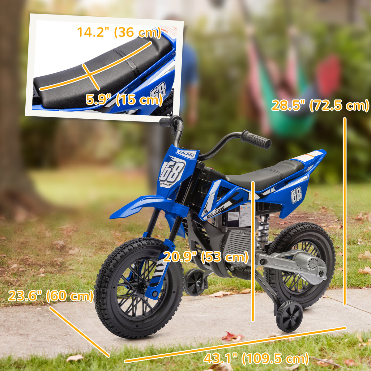 Qaba 12V Kids Dirt Bike, Electric Motorcycle with Twist Grip Throttle, Training Wheels, Rear Suspension & Music, Blue