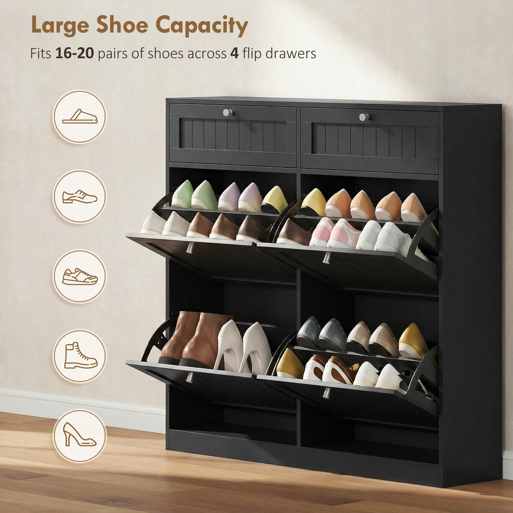 Shoe Cabinet with 2 Large Flip Drawers, Farmhouse Narrow Shoe Storage Cabinet with 2 Top Compartments, White