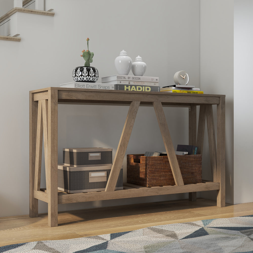 Farmhouse Entryway Table, Rustic Console Table with Storage Shelf for Living Room and Hallway, Distressed Grey