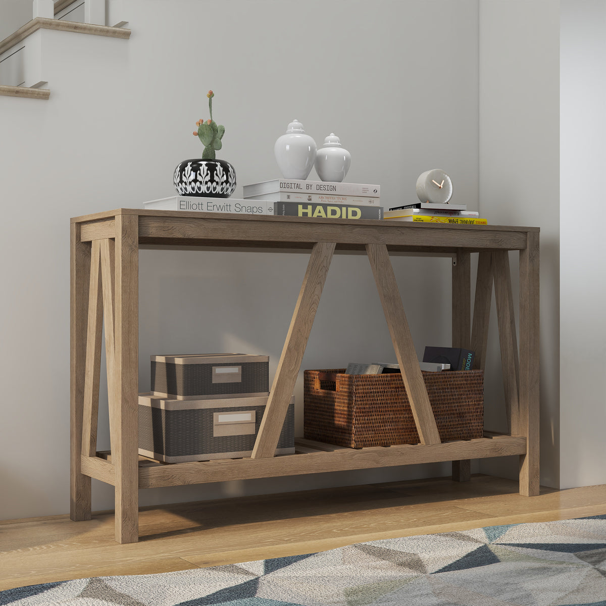 Farmhouse Entryway Table, Rustic Console Table with Storage Shelf for Living Room and Hallway, Distressed Grey