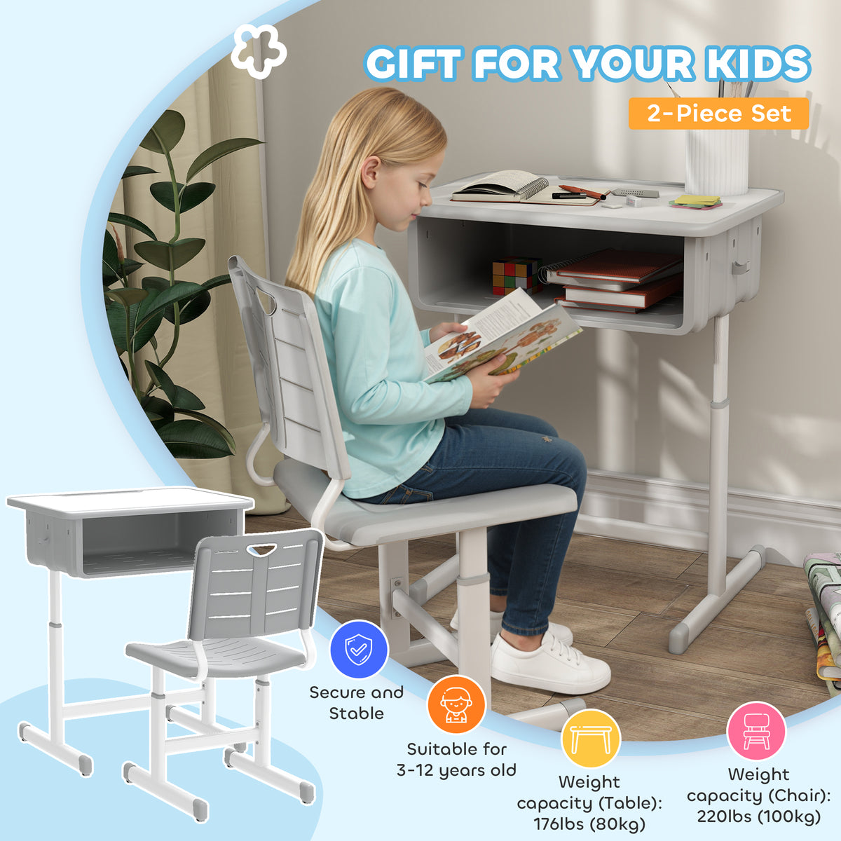 Qaba Kids Desk and Chair Set, Height Adjustable Children Study Desk and Chair with Drawer, Study Table for Bedroom, Grey