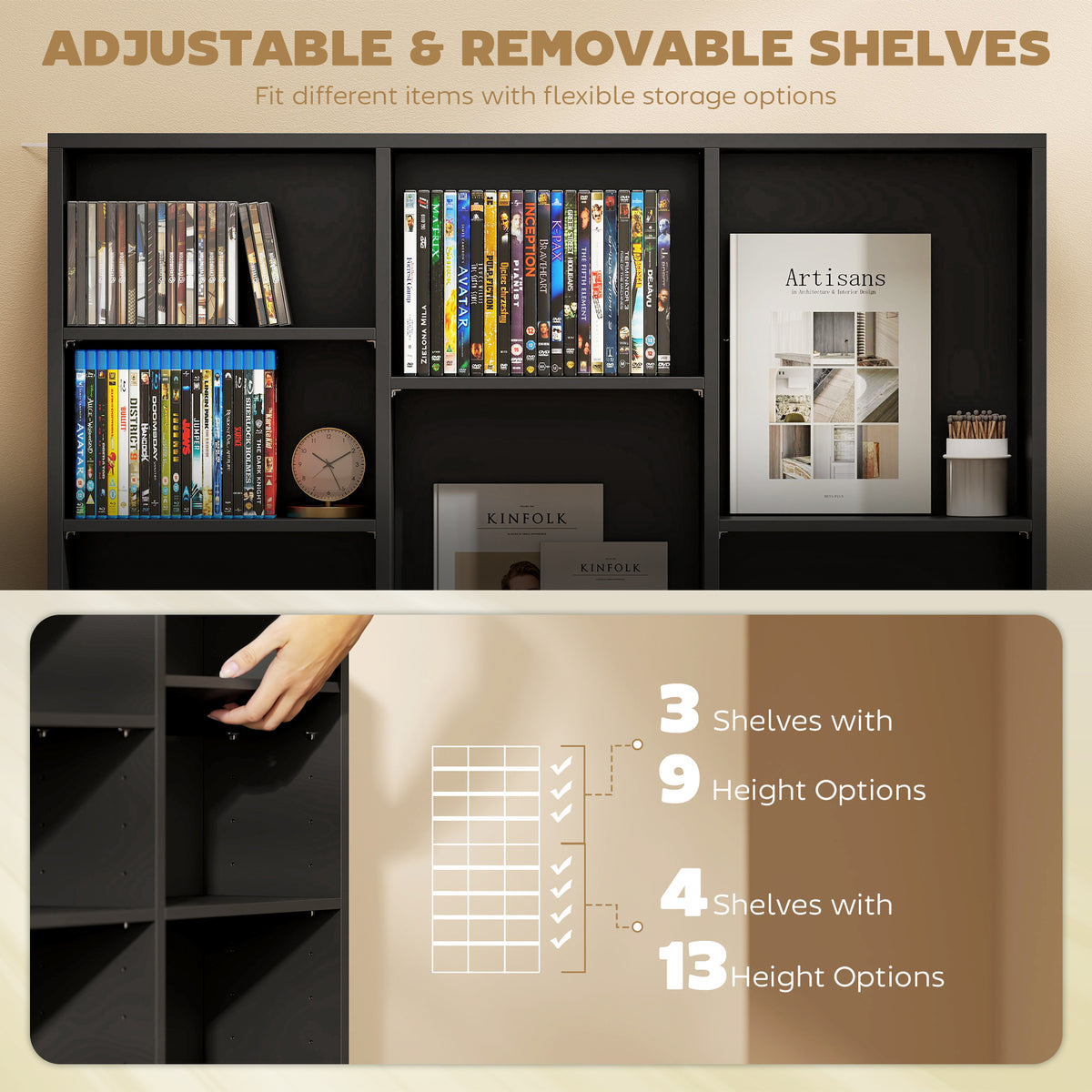 Media Storage Cabinet, 8-Tier DVD Shelf with 18 Adjustable Shelves, Holds 1032 CDs, 594 DVDs or Blu-rays, Black