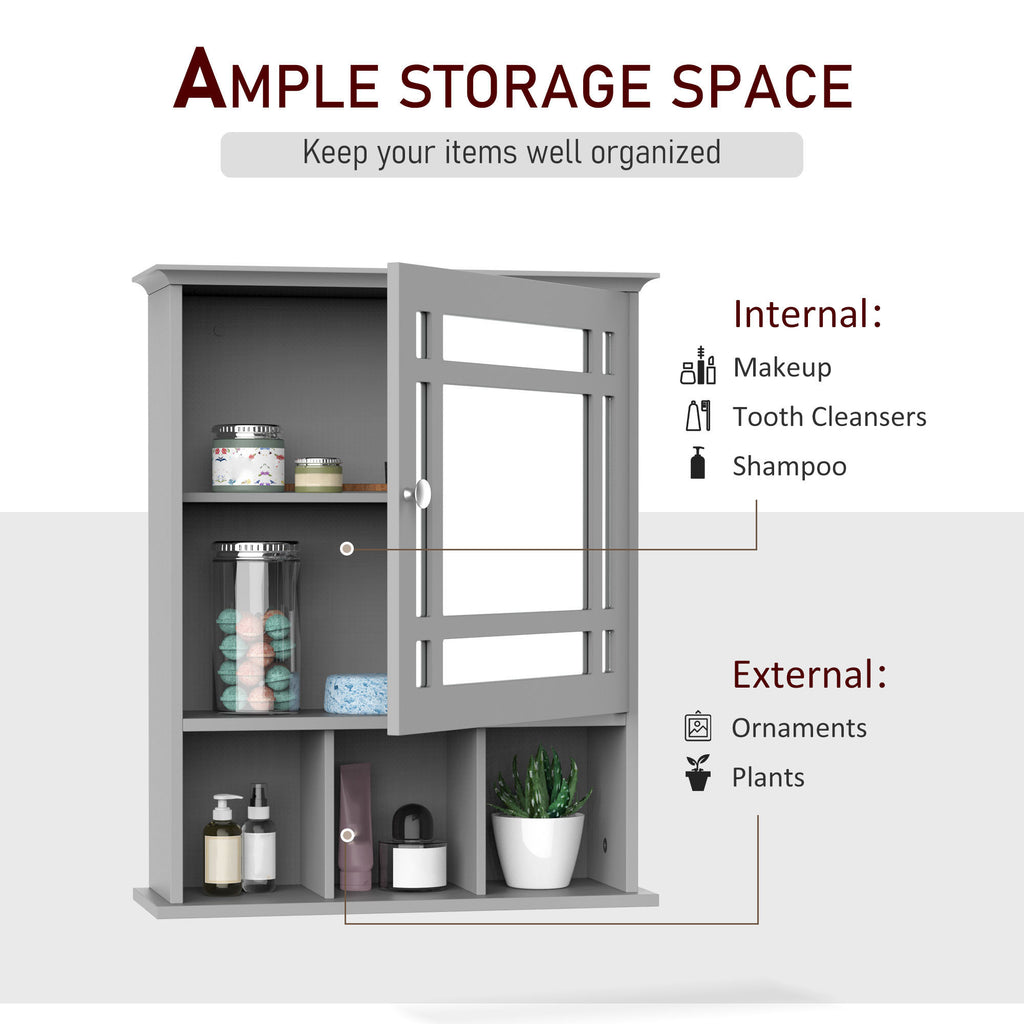 Bathroom Cabinet Wall Mount with Mirror Door 3 Shelf Organizer for Bathroom, Kitchen, Bedroom, Grey