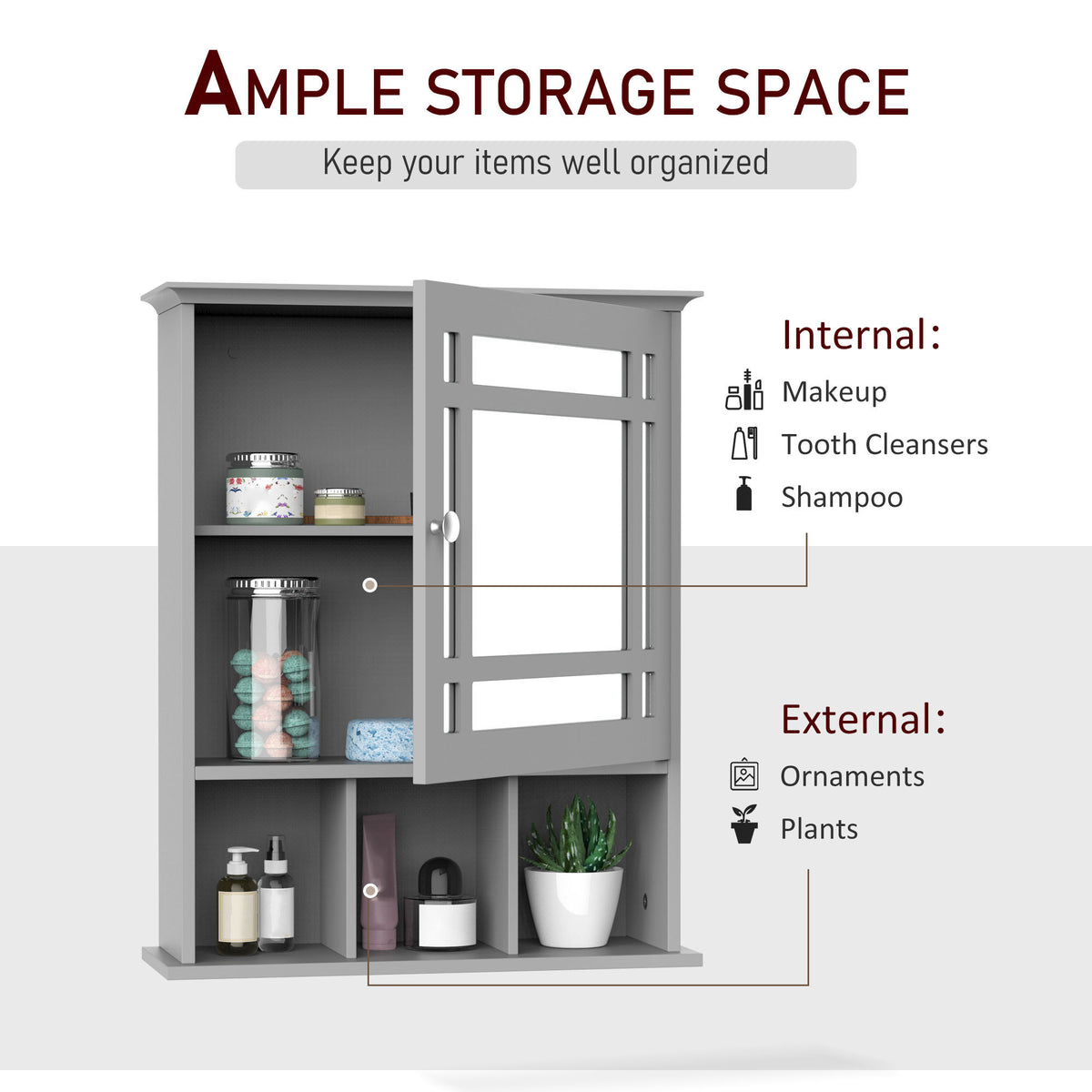 Bathroom Cabinet Wall Mount with Mirror Door 3 Shelf Organizer for Bathroom, Kitchen, Bedroom, Grey