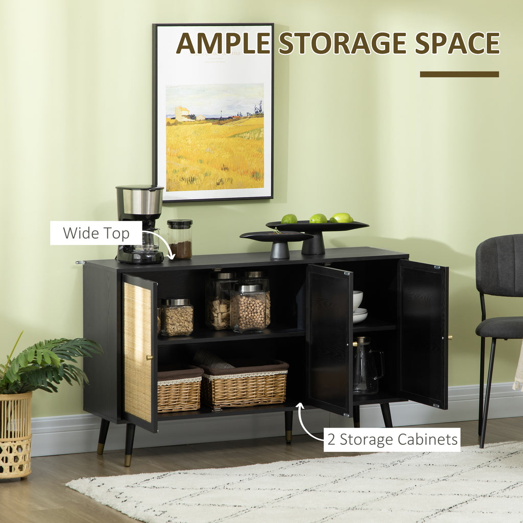 Kitchen Sideboard Cabinet, Boho Storage Cabinet with Shelves, Wood Legs, Decorative Rattan Doors, Black
