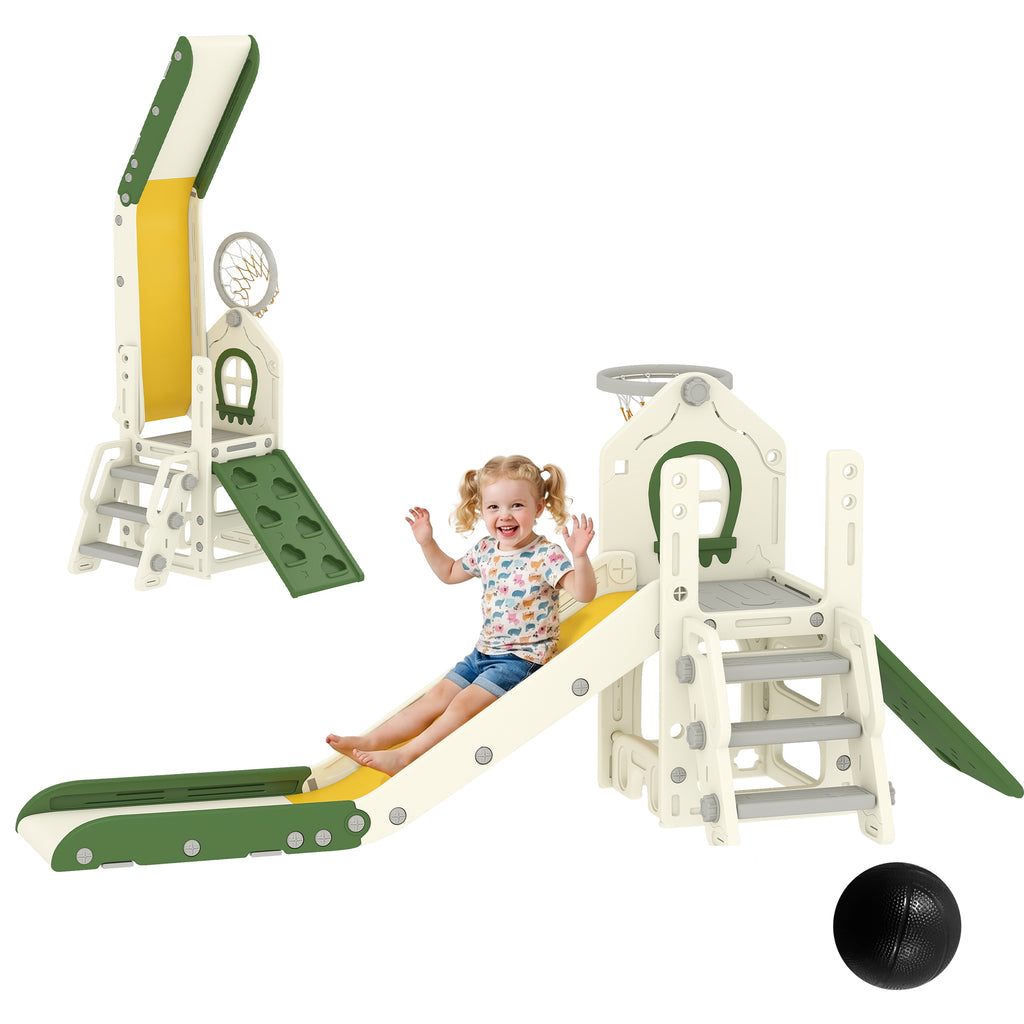 Qaba Foldable 4 in 1 Toddler Slide with Climber, Basketball Hoop, Storage Space and Basketball for Ages 1-3 Years, Cream