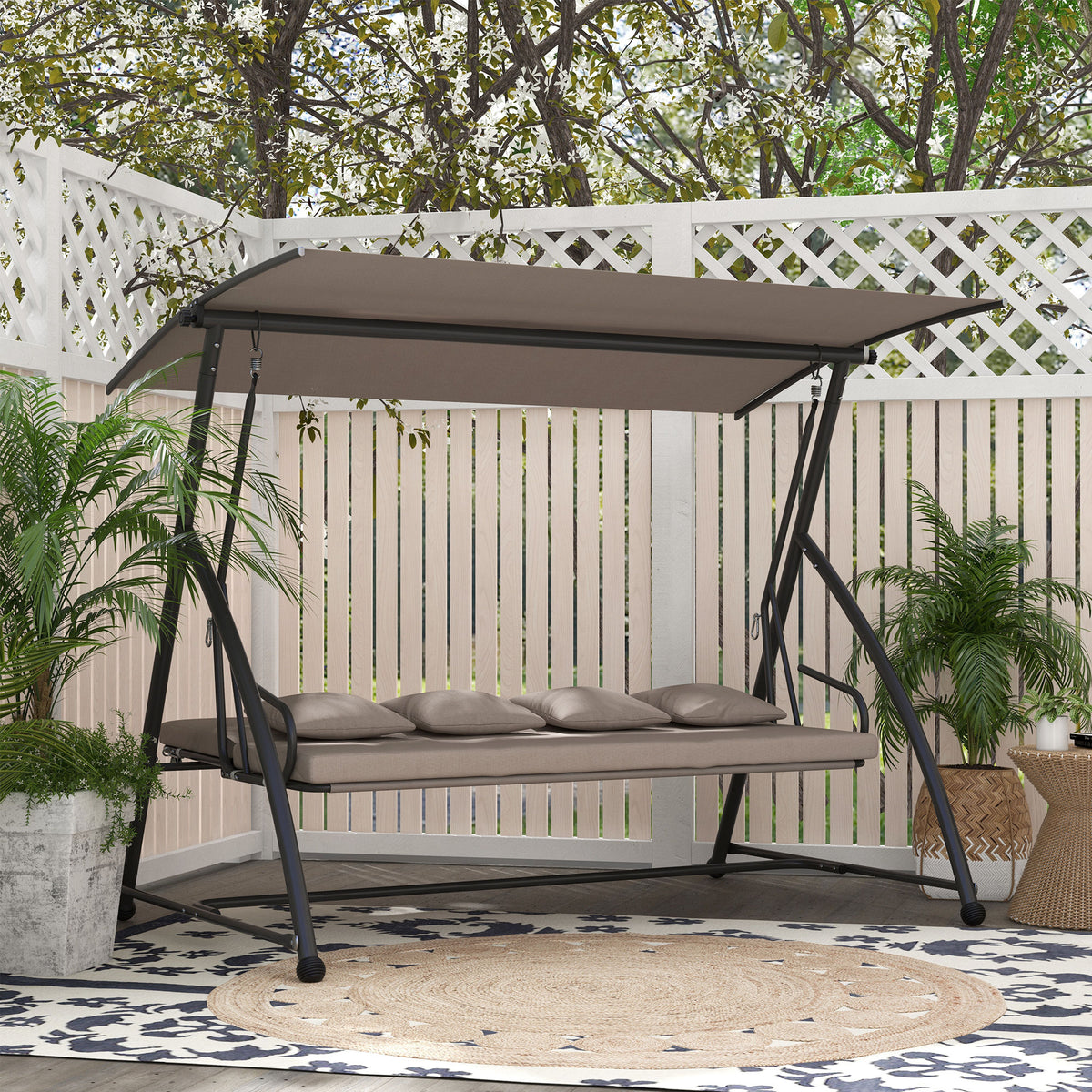 3 Seater Porch Swing Convertible Swing Chair Bed Cushioned Light Brown