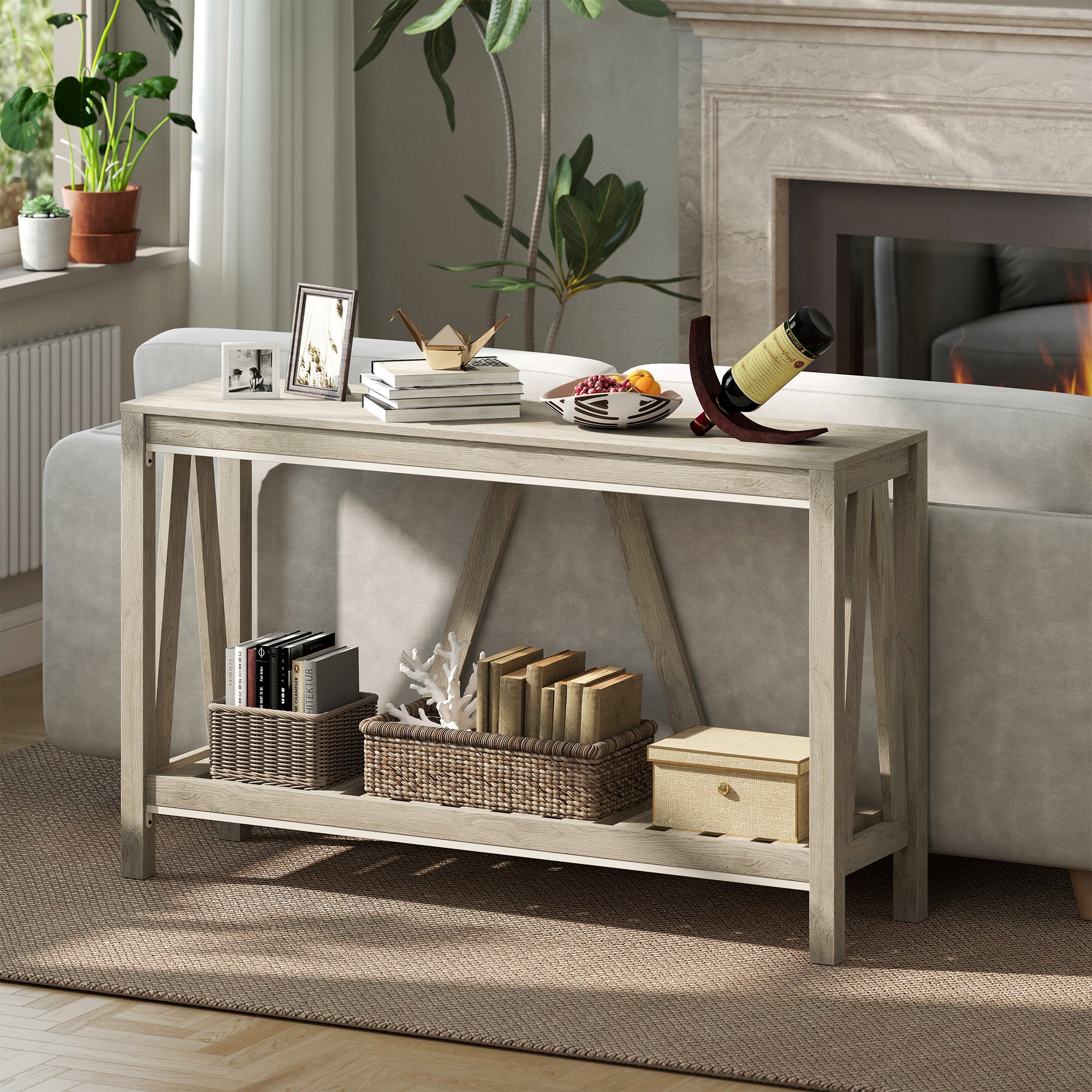 Farmhouse Entryway Table, Rustic Console Table with Storage Shelf for Living Room and Hallway, Distressed Grey