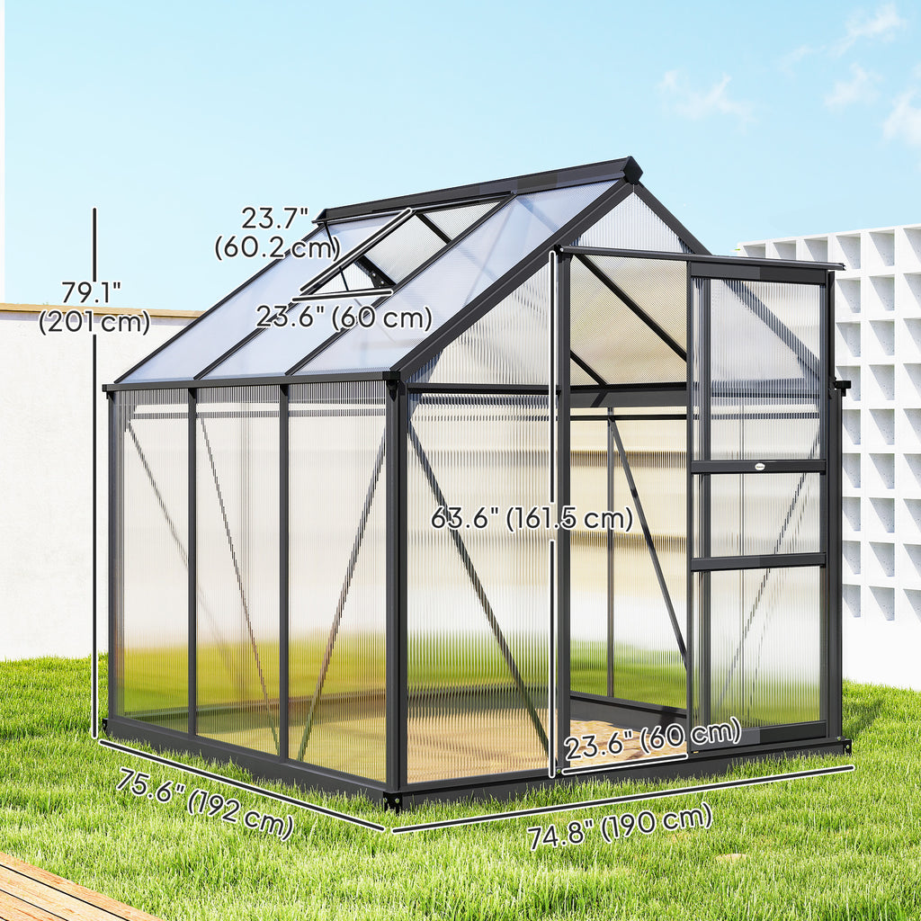 Greenhouse Garden, Green House, Outdoor Greenhouse Kit, PC Board with Sliding Door, 6.2' x 8.3' x 6.6', Grey