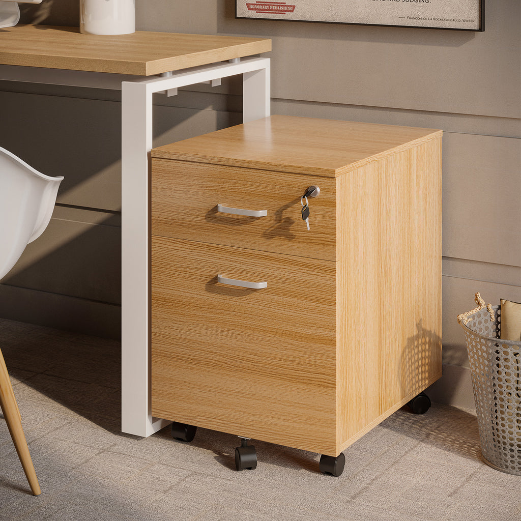 2 Drawer File Cabinet with Lock and Keys, Mobile Vertical Filing Cabinet with Wheels and Drawers, Home Office Cabinet, Natural