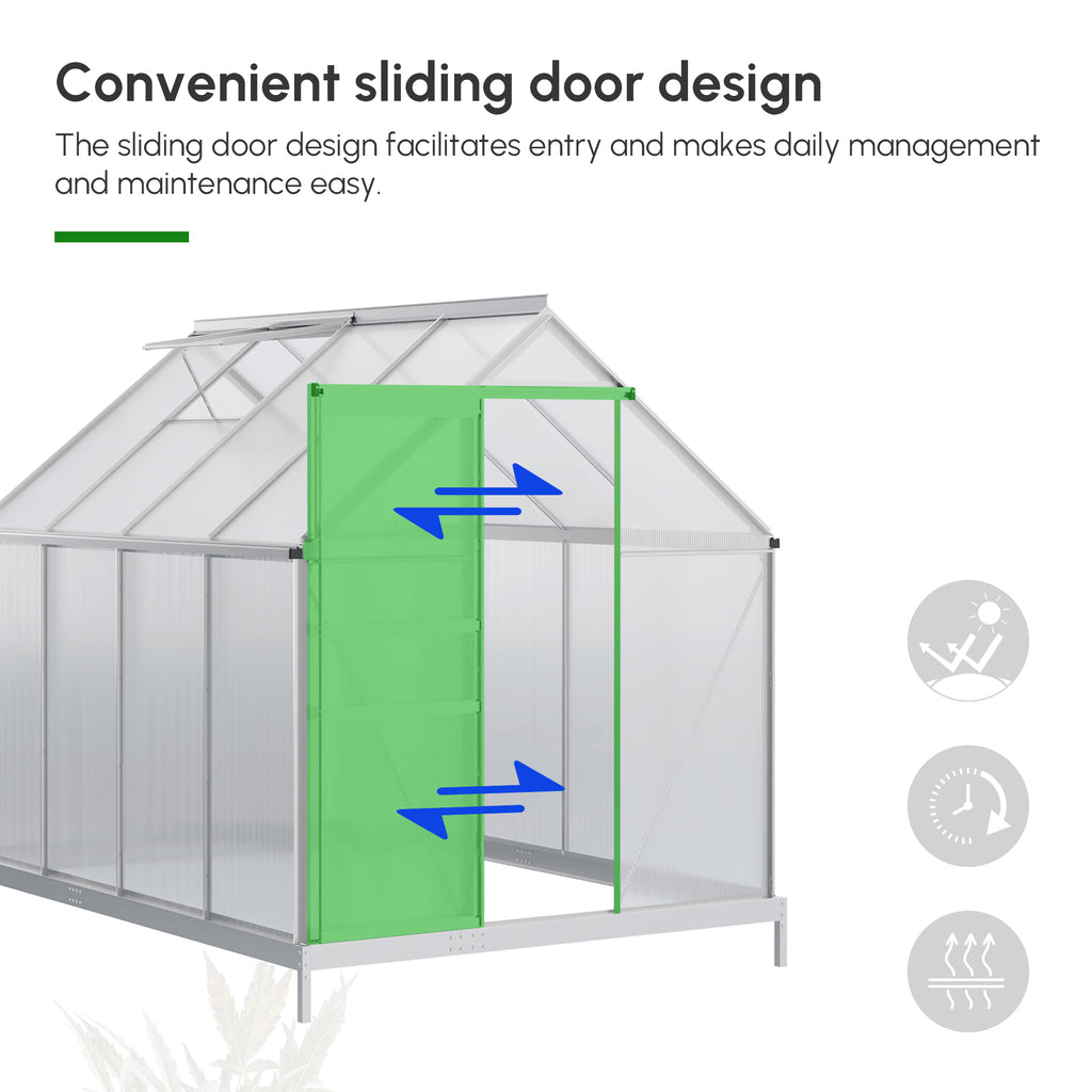 6' x 12' x 6.5' Walk-in Greenhouse, Polycarbonate Greenhouse with Adjustable Roof Vent, Base, Sliding Door, Clear