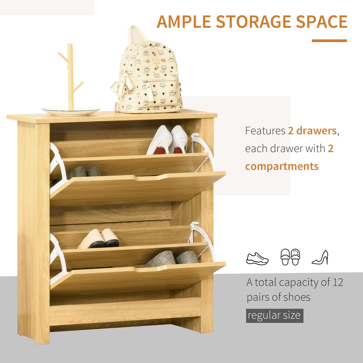 Shoe Storage Cabinet with 2 Flip Drawers and Adjustable Shelves for 8–12 Pairs of Shoes, Natural Wood