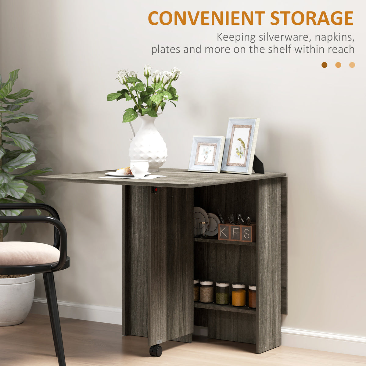 Extendable Dining Table, Collapsible Folding Table w/ 2-tier Shelves and Rolling Casters, Grey Wood Grain