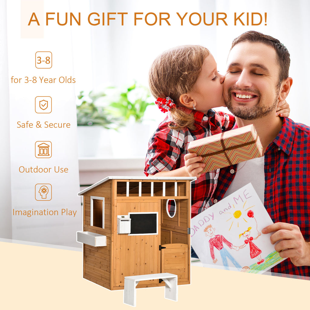 Wooden Outdoor Playhouse for Kids with Working Door, Windows, Mailbox, Bench, Flowers Box and Blackboard, Yellow