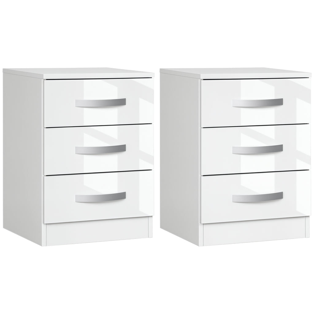 Modern Nightstand Set of 2, Bedside Tables with 3 High Gloss Drawers for Bedroom, White