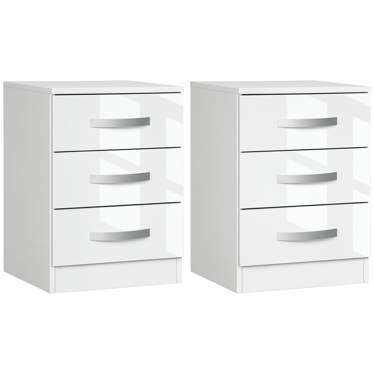 Modern Nightstand Set of 2, Bedside Tables with 3 High Gloss Drawers for Bedroom, White