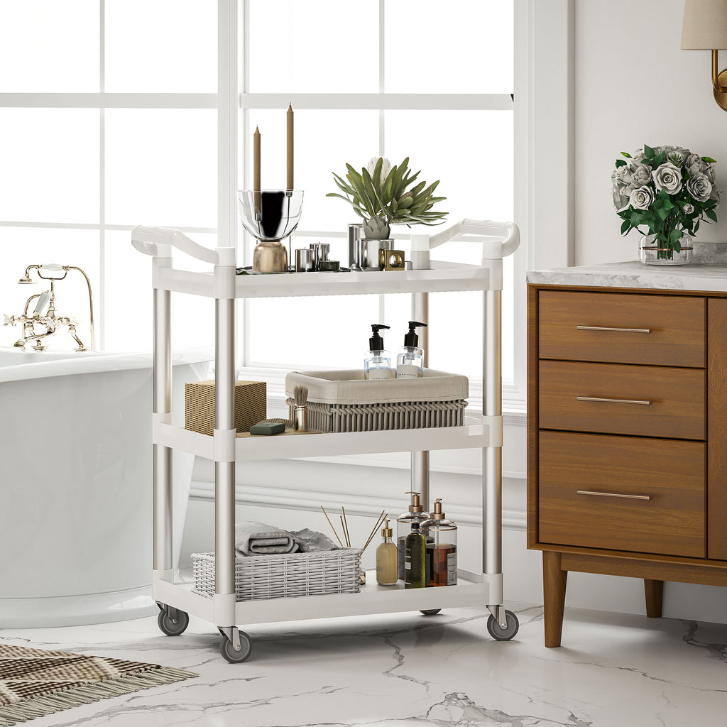 3-Tier Utility Cart Rolling Storage Trolley with 3 Shelves, Silver and White
