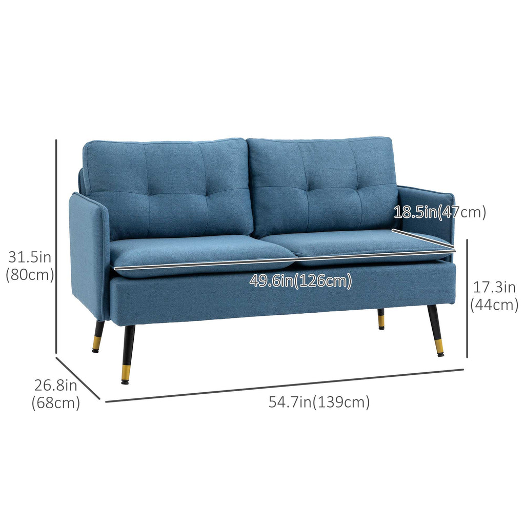 55" Loveseat Sofa, Linen Love Seat w/ S spring, Steel Legs and Button Tufting, Small Couch for Living Room, Dark Blue