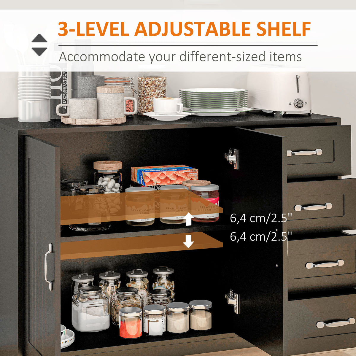 Modern Sideboard Buffet Cabinet with 4 Drawers and 2 Beadboard Doors, Kitchen Storage Cabinet, Black