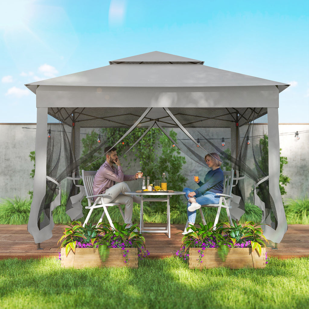 11' x 11' Pop Up Canopy 2-Tier Soft Top Shelter Event Tent w/ Netting Carry Bag for Patio Backyard Garden, Light Grey