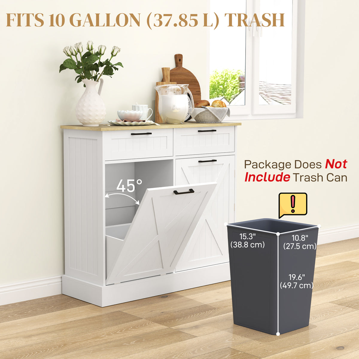 10 Gallon Hidden Garbage Bin Cabinet, Tilt Out Trash Cabinet w/ 2 Drawers, Freestanding Kitchen Island, Black
