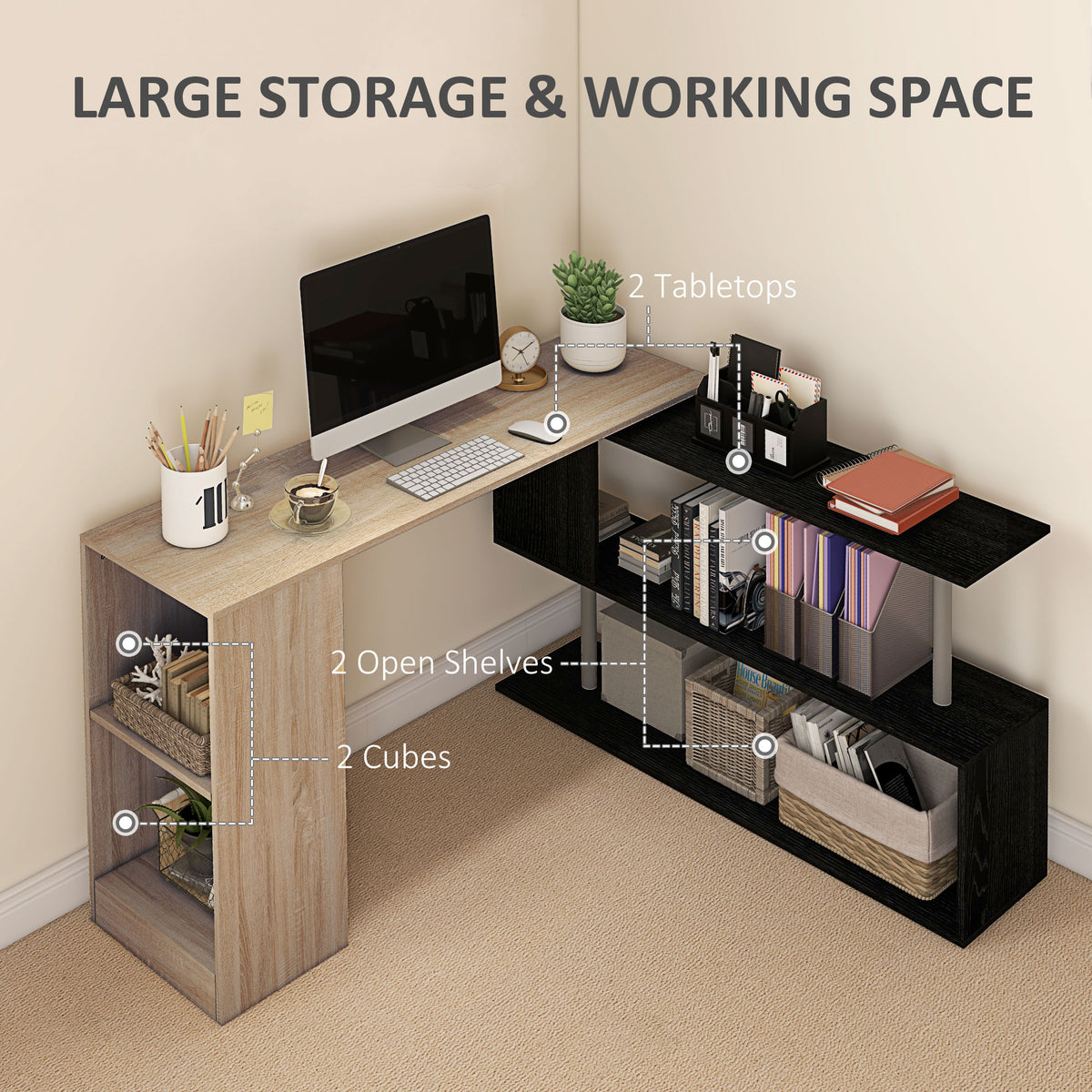 55" Corner Computer Desk, 360° Rotating L-Shaped Desk, Home Office Workstation with 3-Tier Shelves, Bookshelf, White