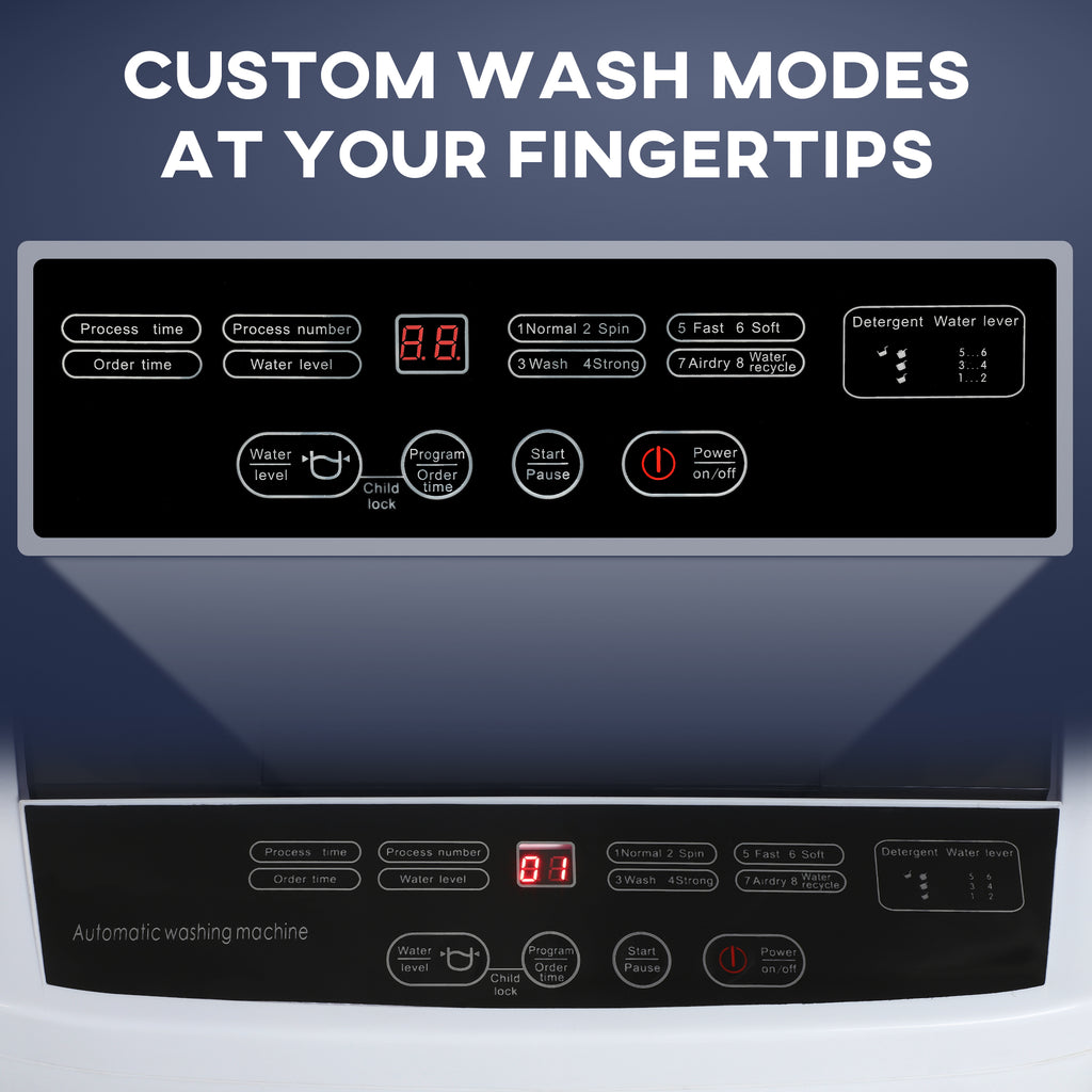 Compact Washer, Portable Washing Machine, Full Automatic Washer with 8 Programs and 6 Water Levels, White