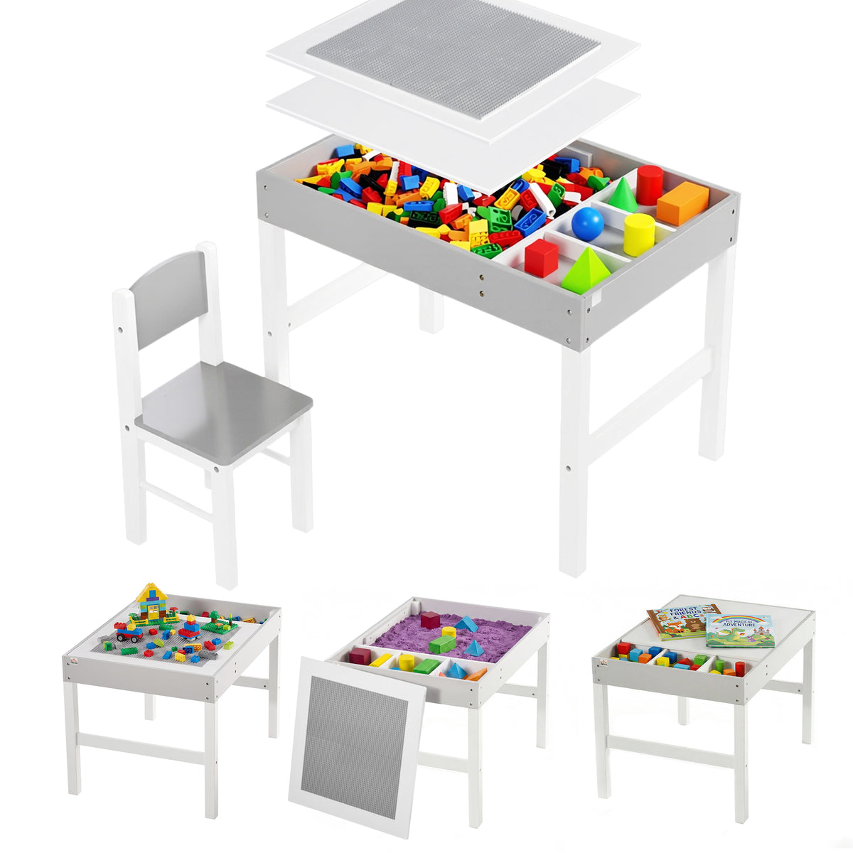 Qaba Lego Table with Storage for Kids, Multi-Usage Kids Table and Chair Set with Building Blocks Desktop, Grey