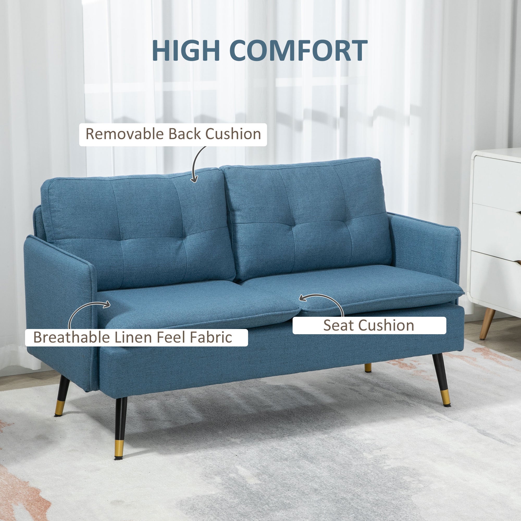 55" Loveseat Sofa, Linen Love Seat w/ S spring, Steel Legs and Button Tufting, Small Couch for Living Room, Dark Blue