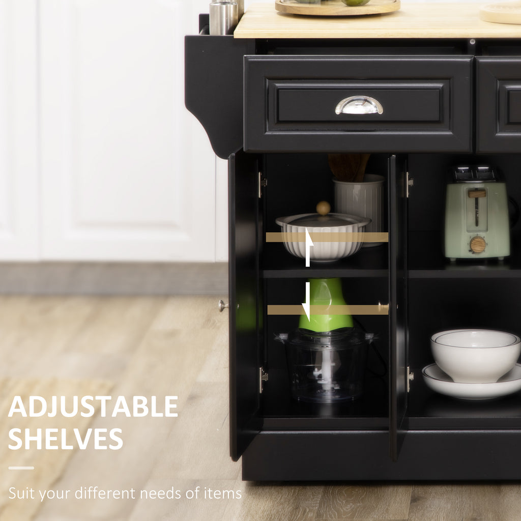 Kitchen Island with Storage Rolling Kitchen Serving Cart with Rubber Wood Top Towel Rack Storage Drawer Cabinet, Black