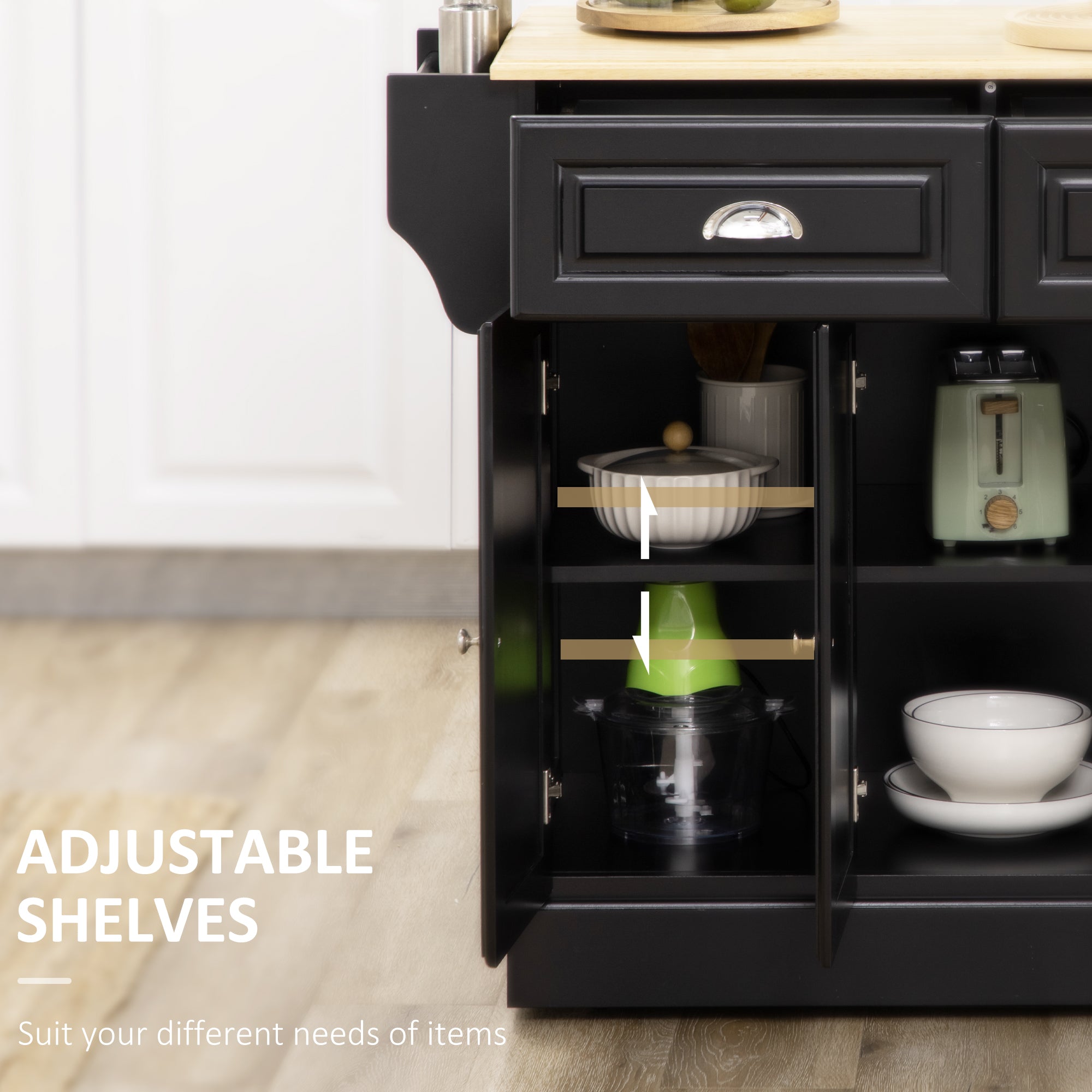 Kitchen Island with Storage Rolling Kitchen Serving Cart with Rubber Wood Top Towel Rack Storage Drawer Cabinet, Black
