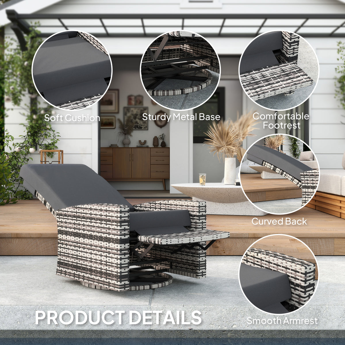 Outdoor Rattan Wicker Lounge Chair with Footrest & Soft Cushion for Patio, Garden, Backyard, Grey