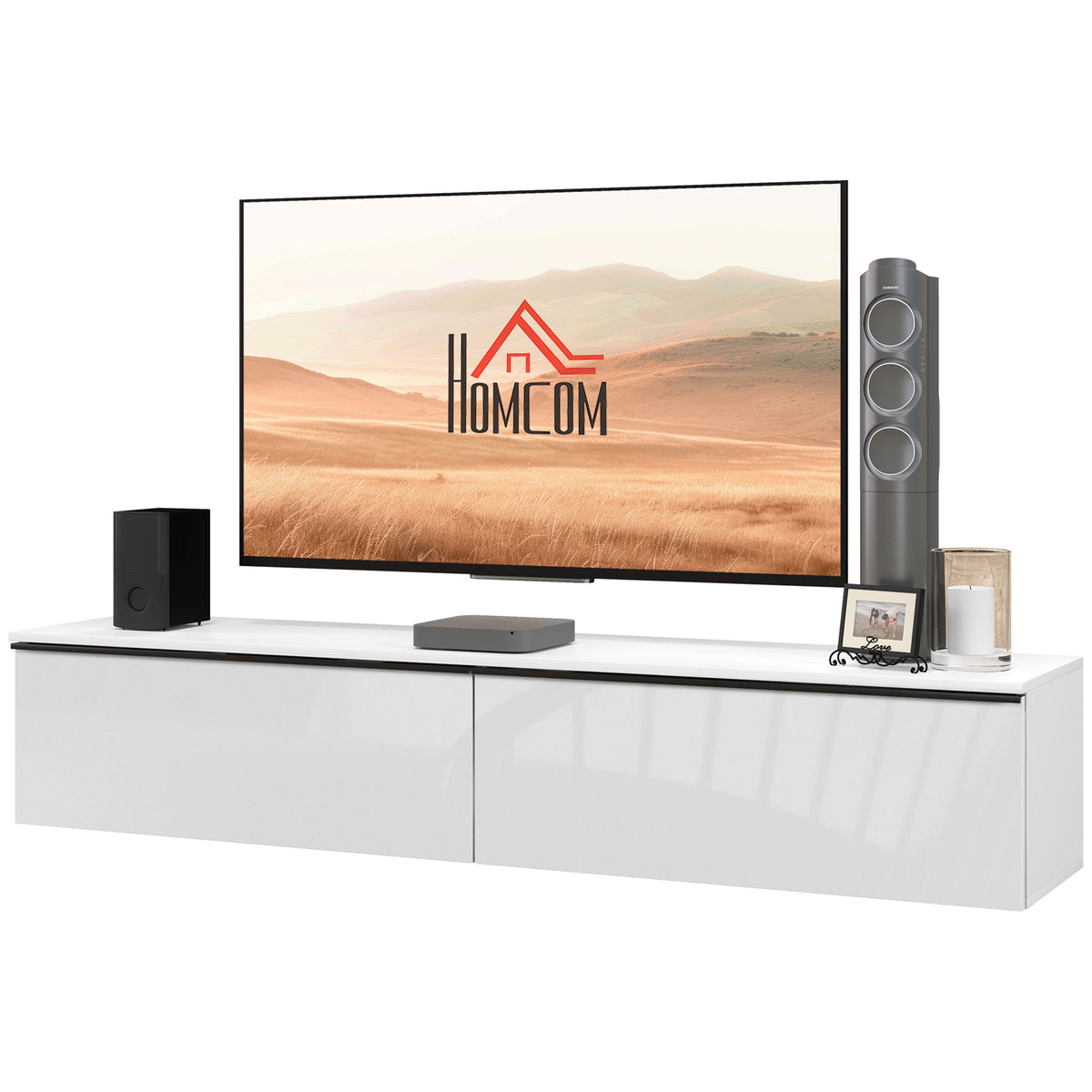 Wall Mounted TV Stand, Floating TV Cabinet for up to 70" TVs with Storage, High Gloss Effect, White