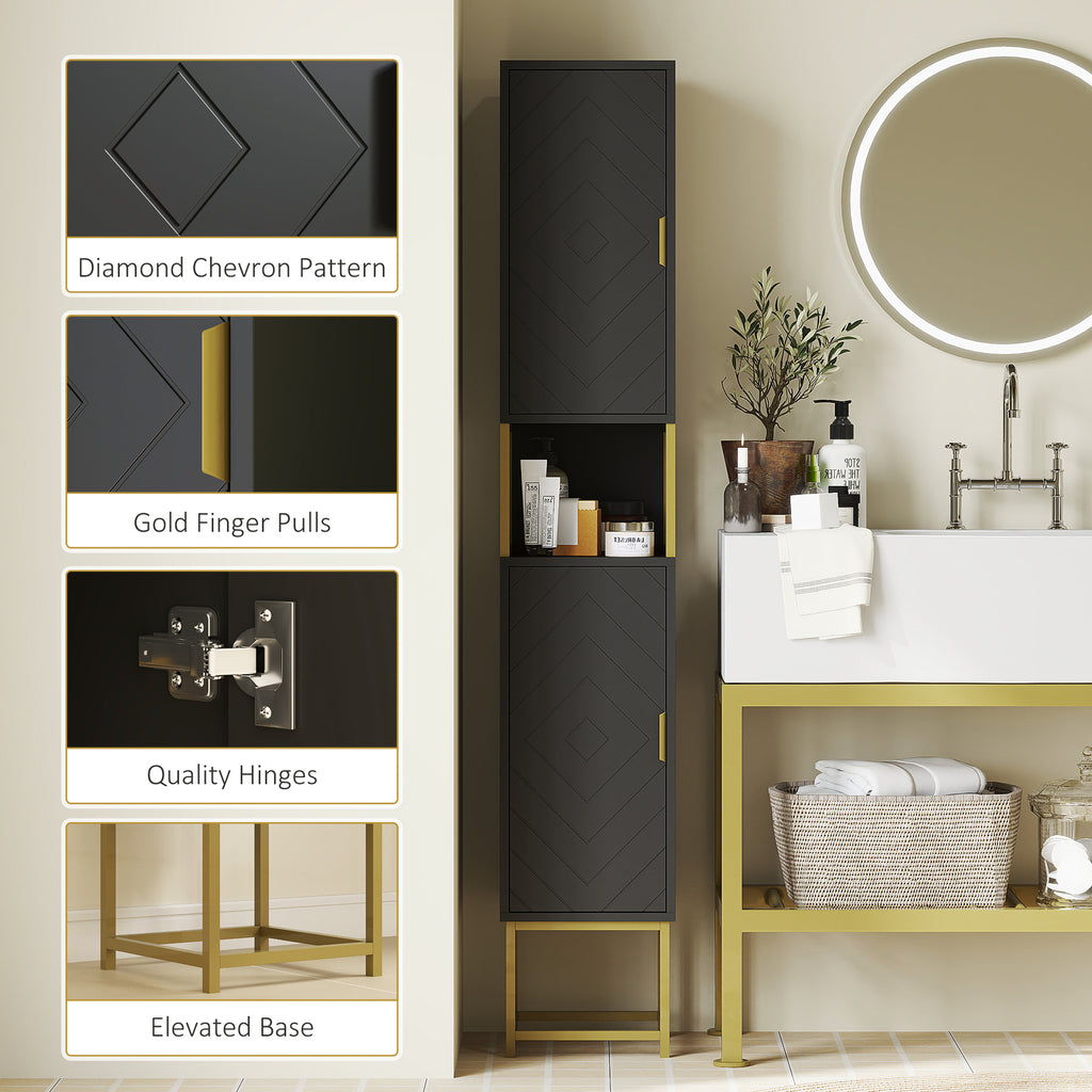 Tall Bathroom Storage Cabinet, Modern Narrow Bathroom Cabinet with Diamond Chevron Pattern and Adjustable Shelf, White